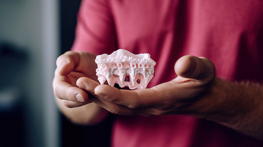 学生在裁剪后的镜头中展示 3D 打印的塑料假牙