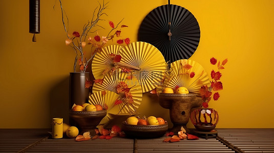 中国的节日背景图片_以黄色灯笼和扇子为特色的节日中国新年设计的 3D 渲染