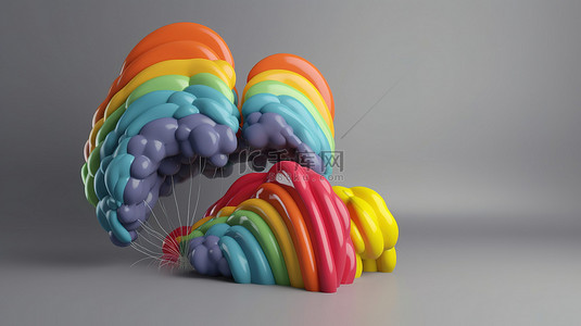 时装商店背景图片_灰色背景下用于儿童商店促销的彩虹气球的彩色 3D 插图