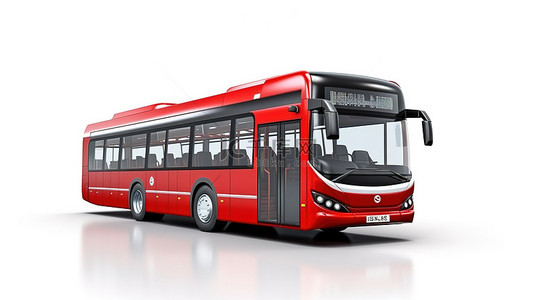 红色城市车背景图片_带有中型红色城市巴士的白色孤立背景的 3D 渲染