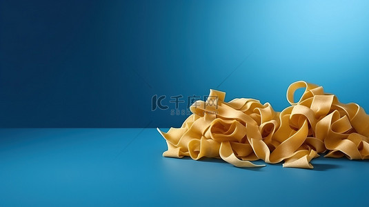 简约与意大利美食未煮过的意大利面条在蓝色背景 3D 图像与阴影