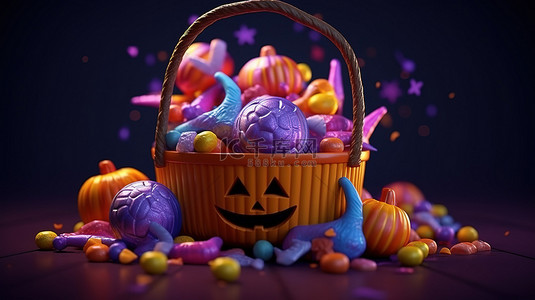 匪萌十月壁纸背景图片_节日万圣节篮子里装满了糖果和糖果，以紫色背景为背景，以引人注目的 3D 图像呈现经典的十月庆祝活动