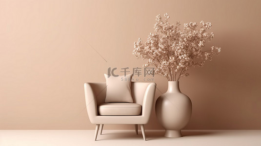 米色花瓶背景图片_时尚别致的单色米色扶手椅，带植物和花瓶，采用柔和的棕色背景 3d 渲染