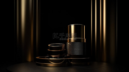 时尚深色背景背景图片_时尚的 3d 背景黑色和金色圆筒讲台，深色背景上有环形装饰，非常适合演示