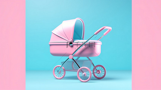 粉红色和蓝色背景上双色调风格的当代婴儿车婴儿车和婴儿车 3D 渲染