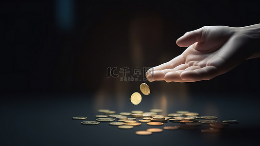 沙漠之行背景图片_插图卡通风格的 3d 渲染一只手伸向一枚硬币，代表捐钱的想法