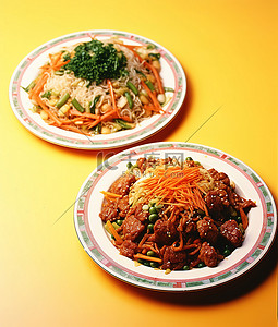 沙拉盘背景图片_两盘亚洲食物，配以蔬菜和沙拉盘