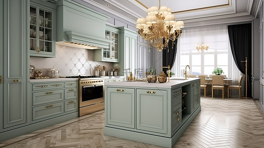 传统厨房背景图片_用 3D 渲染创建的豪华传统厨房中的高架厨房岛