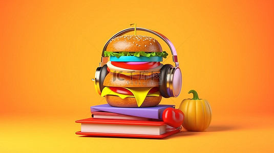 3D 渲染中书包上的学术食欲汉堡