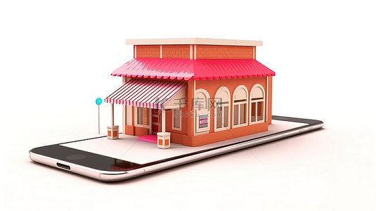电子产品商店背景图片_白色背景下抽象手机上大型商店建筑的电子商务视觉 3D 渲染
