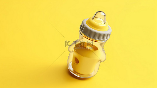 空背景上黄色婴儿奶瓶和奶嘴的双色调风格 3D 渲染
