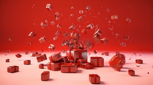 2021考研背景图片_圣诞礼物的 3D 渲染在红色背景下翱翔