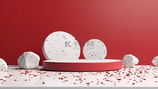 大胆的红色背景上的高架白色水磨石平台，用于产品广告或演示 3D 渲染