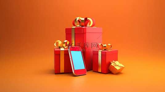 风扇商城背景图片_电子商务概念购物袋礼品盒和智能手机用于网上购物游览