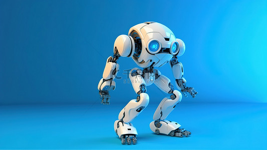 蓝色背景的 3D 插图，其中有一个机器人，脸上有显示器，正在移动手臂和腿