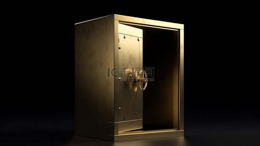 金融深色背景图片_深色背景，带封闭钢门和金色外观的金属保险箱的独立 3D 渲染