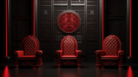 现代红色扶手椅，黑色背景上有 3D 渲染的皇家宝座，代表领导概念