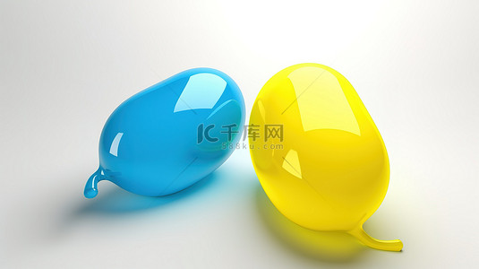 可爱气泡框背景图片_带有社交媒体图标的白色背景上蓝色和黄色的可爱聊天气泡气球的 3D 插图