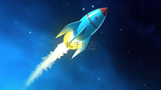 宇宙卡通飞船背景图片_蓝色卡通，如 3D 插图中的火箭在太空中翱翔