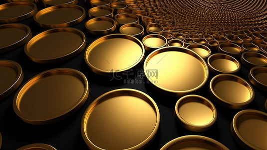 金色和黑色纹理圆形图案背景的 3D 插图渲染