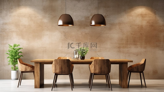 时尚的餐厅配有木桌和椅子，模拟家居室内背景 3D 渲染中的装饰和混凝土墙纹理