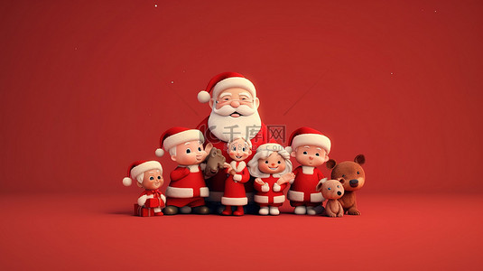 可爱的圣诞节背景图片_3D 渲染的圣诞节场景，以红色背景为特色，圣诞老人和他的节日朋友