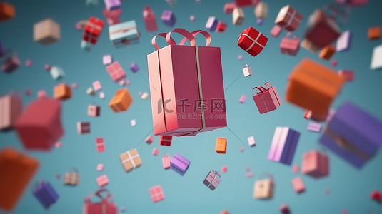 折扣券背景图片_从智能手机概念在线购物礼品盒和飞行购物袋的 3D 渲染