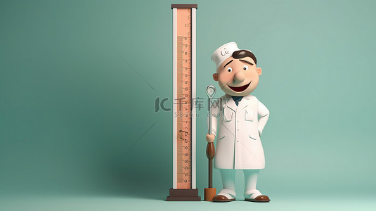 专业医生卡通背景图片_穿着制服和听诊器的卡通医生与大温度计 3d 渲染