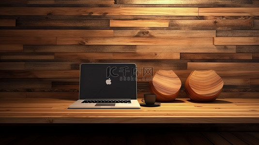 3D 数字设计木质桌面和笔记本电脑背景