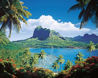 热带海水背景图片_两棵大热带树俯瞰着清澈的蓝色海水