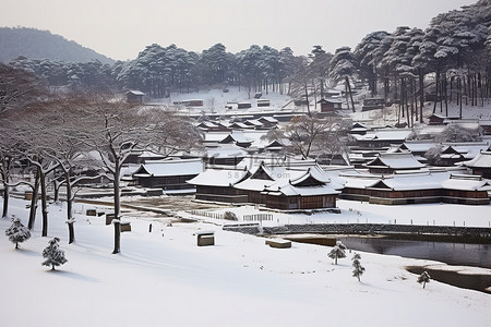 冬天古建筑背景图片_山清村 首尔 朝鲜 冬天 雪