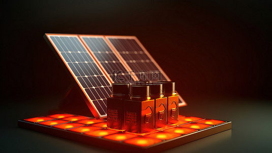 正在充电的太阳能电池板和电池的 3D 插图能源概念的视觉表示