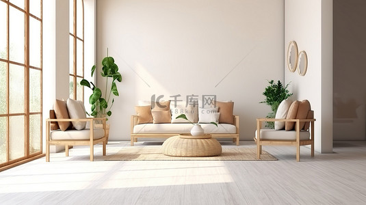 展示3背景图片_中性白墙背景展示斯堪的纳维亚风格的客厅内部，配有 3D 渲染的木制家具