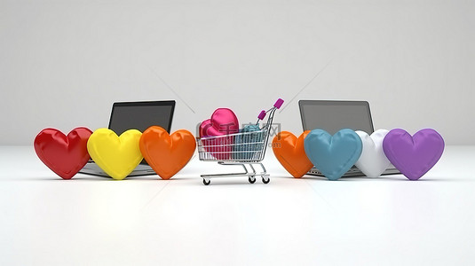 彩色硬币心和购物袋代表白色笔记本电脑显示器 3D 渲染上的在线购物