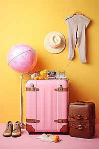 粉色的帽子背景图片_粉色旅行包帽子墨镜和气球装饰的行李箱
