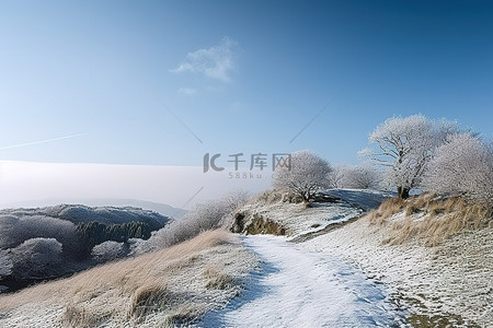 雪雪花背景图片_在阳光明媚的日子里，一座小山附近是一片白雪皑皑的草原