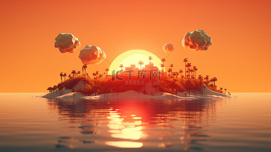 明亮的太阳岛黄昏时橙色太阳的充满活力的概念艺术设计 3D 插图