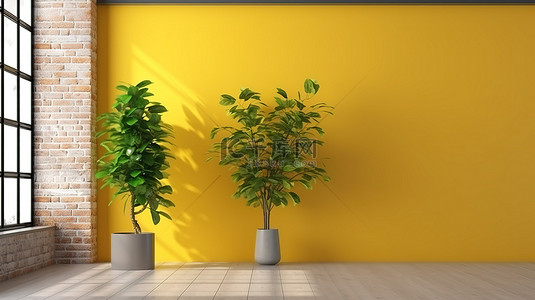 简约现代办公室或家庭的深思熟虑的设计理念黄砖墙和植物 3D 渲染