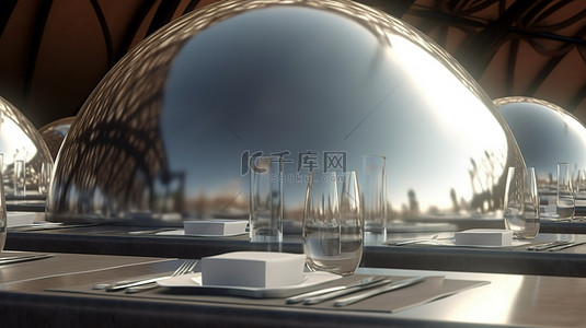 用 3d 描绘的银色餐厅圆顶覆盖的盘子