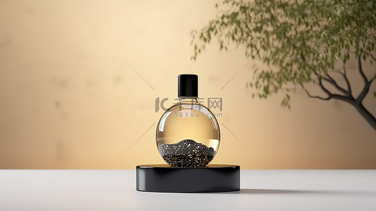 水磨石背景图片_米色背景和遮荫树 3D 渲染中带有黑色滴管瓶的水磨石平台