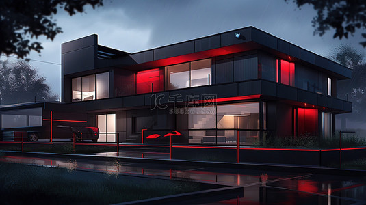 红色的不背景图片_黑色和红色的现代住宅通过 3D 渲染栩栩如生