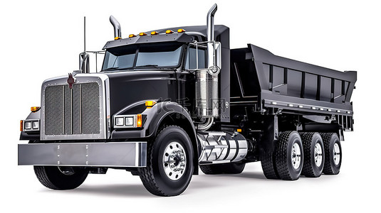 白色背景展示了一辆大型黑色美国卡车的 3D 渲染，其拖车设计用于以自卸卡车风格运输散装货物