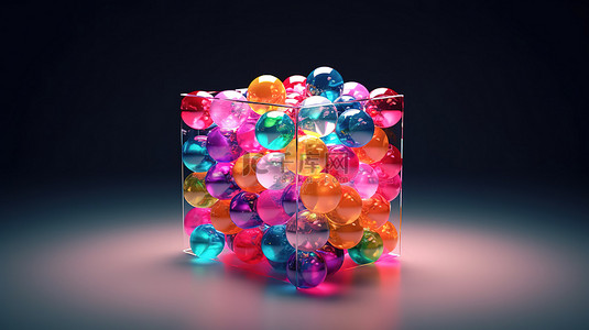 充满活力的球体包裹在立方体中，带有强光的抽象 3D 插图