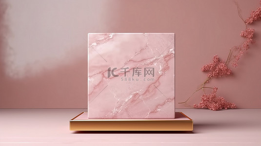 金色边背景图片_优雅的大理石讲台，用于在 3D 渲染中展示具有粉红色矩形形状和金色春天背景的产品