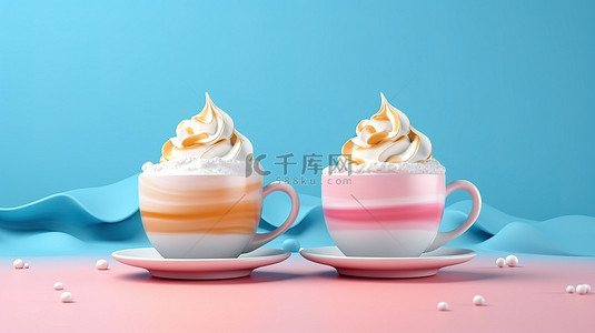 粉红色和蓝色背景上带有奶油的 3D 插图杯子的渲染