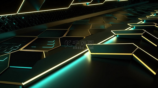 创新的网络技术金色六边形壁纸与现代绿色调色板在 3D 渲染