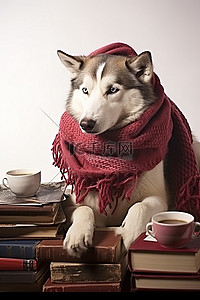 一只戴着围巾看书的哈士奇狗