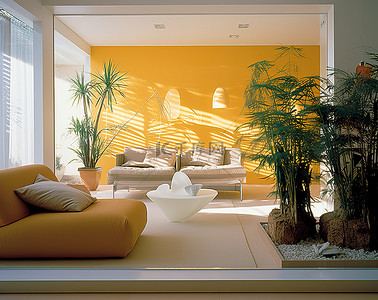 黄色墙壁背景图片_一间有黄色墙壁的客厅，桌上有一盆植物