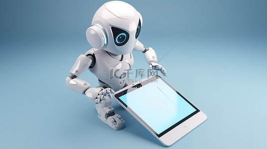 可爱的机器人背景图片_可爱的 ai 机器人，在 3d 渲染中显示空白平板电脑