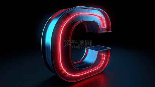 3d 渲染中充满活力的红色霓虹灯大写字母 c 照亮的蓝色字母内部